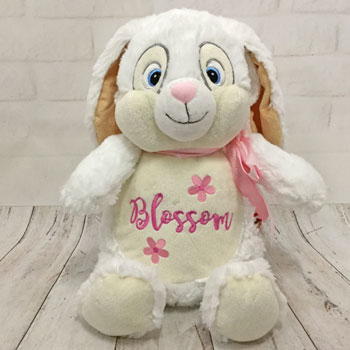 Girl's Embroidered White Cubbies Name Bunny With Flowers