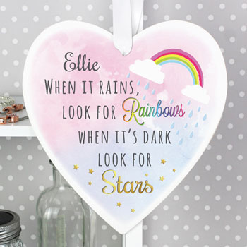 Personalised Rainbows and Stars Wooden Heart Decoration