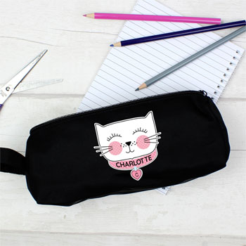 Girl's Personalised Cute Cat Black Pencil Case