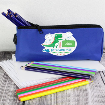 Boy's Personalised Be Roarsome Dinosaur Blue Pencil Case