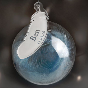 Personalised Name & Date Blue Feather Glass Memorial Bauble