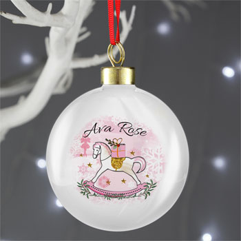 Girl's Personalised Pink Rocking Horse Christmas Bauble