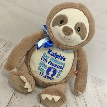Personalised Embroidered Cubbies Clingy Sloth Teddy Soft Toy