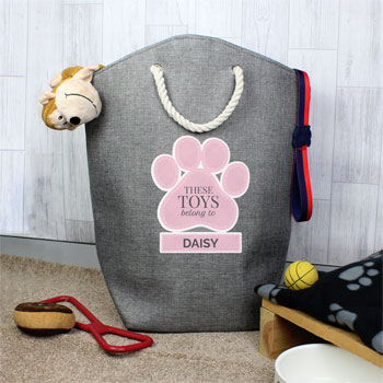 Personalised Pink Paw Print Dog Toy Storage Bag Female Dog