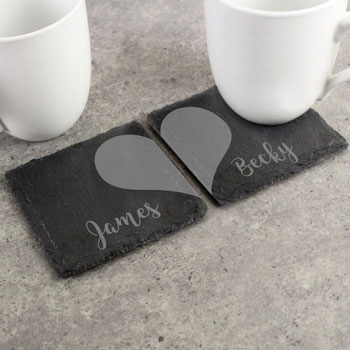 Personalised Two Hearts Slate Coaster Set Couples Gift