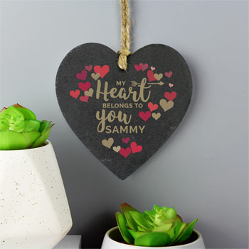 Personalised Confetti Hearts Printed Slate Heart Decoration