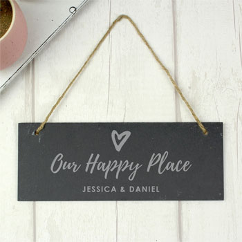 Personalised Our Happy Place Hanging Slate Plaque Sign