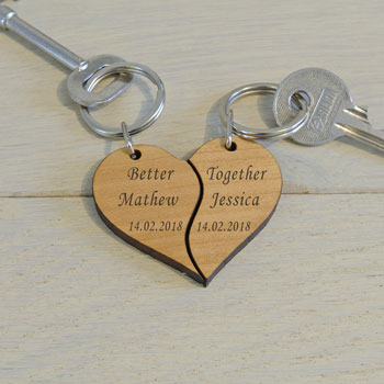 Personalised Couple's Wooden Heart Key Ring Better Together