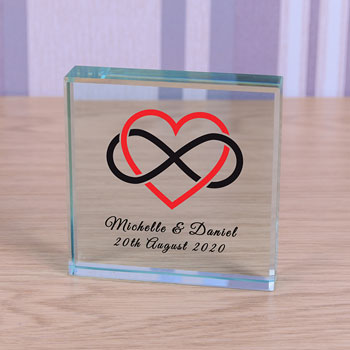 Large Personalised Glass Block Heart Infinity Romantic Gift