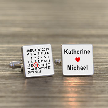 Personalised Date & Names Red Heart Cufflinks Black or White