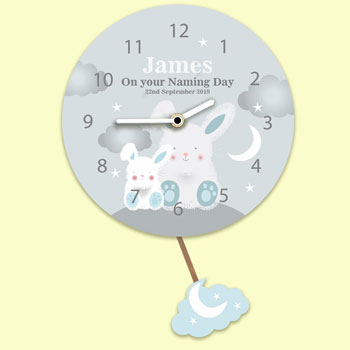 Baby Boy's Personalised Silent Tick Bunnies Pendulum Clock
