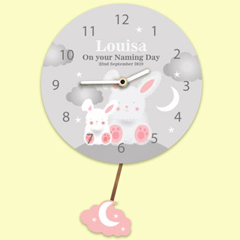 Baby Girl's Personalised Silent Tick Bunnies Pendulum Clock