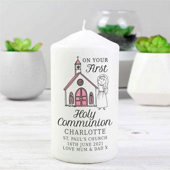 Personalised Girl's First Holy Communion Pink Pillar Candle
