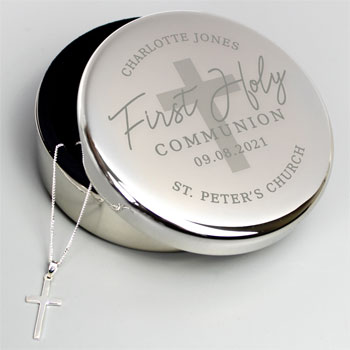 Personalised First Holy Communion Round Trinket Box & Cross