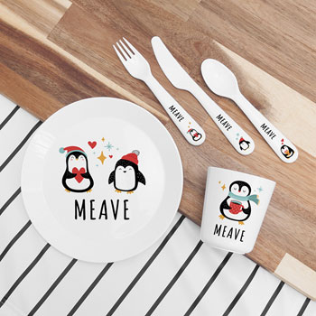 Personalised Kid's Winter Penguin Plastic Dining Set