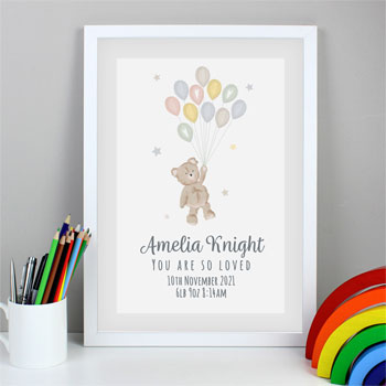 Personalised Teddy & Balloons A3 White Framed Print