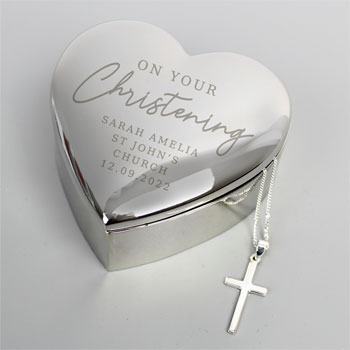Personalised Christening Heart Trinket Box & Cross Necklace