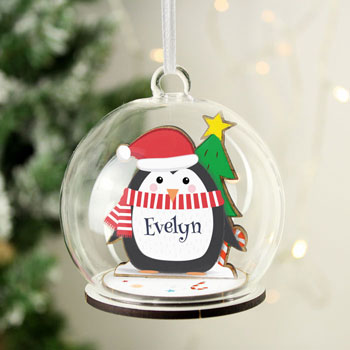Personalised Wooden Penguin Glass Christmas Tree Bauble
