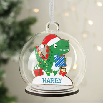 Personalised Wooden Dinosaur Glass Christmas Tree Bauble