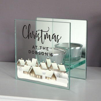 Personalised Christmas Village Glass Tea Light Holder