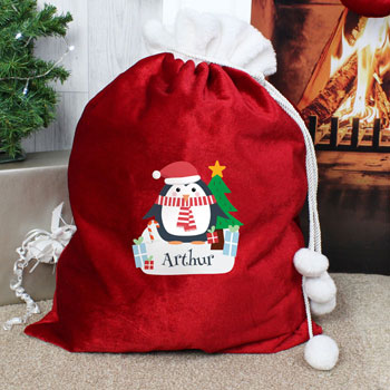 Personalised Christmas Penguin Luxury Pompom Red Sack