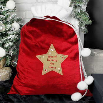 Personalised Free Text Star Luxury Pompom Red Sack
