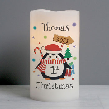 Personalised Baby's 1st Christmas Penguin LED Candle