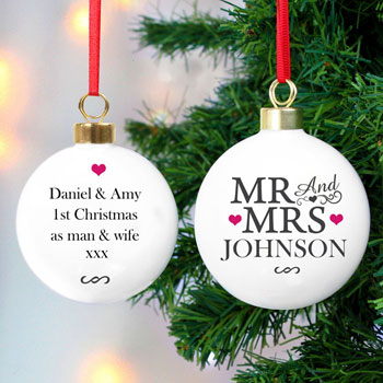Personalised Mr & Mrs Ceramic Christmas Tree Bauble