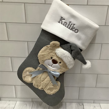 Personalised Grey Teddy Christmas Stocking