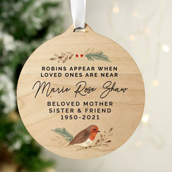 Personalised Robin Memorial Round Wooden Xmas Decoration