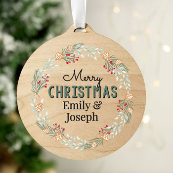 Personalised Wreath Round Wooden Christmas Tree Decoration
