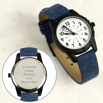 Boy's Personalised Black Watch With Blue Canvas Strap