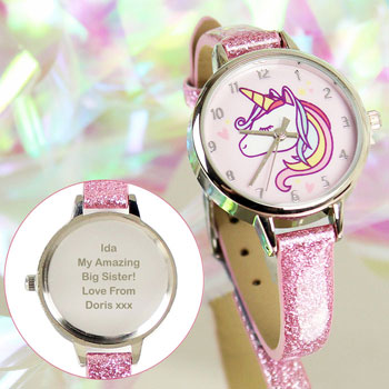 Girl's Personalised Pink Unicorn Watch With Glitter Strap