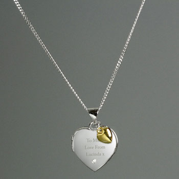 Engraved Silver Heart Locket Necklace Gold Charm & Diamond