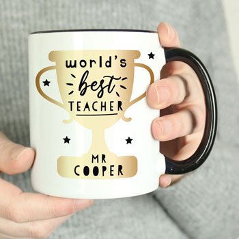 Personalised Worlds Best Teacher Trophy Black Handled Mug
