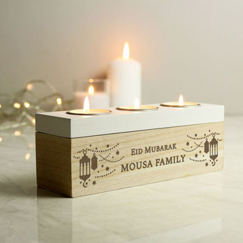 Personalised Eid Gift Triple Tea Light Wooden Candle Box