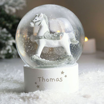 Babies Personalised Name Rocking Horse Glitter Snow Globe