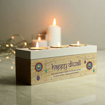 Personalised Wooden Happy Diwali Triple Tealight Box
