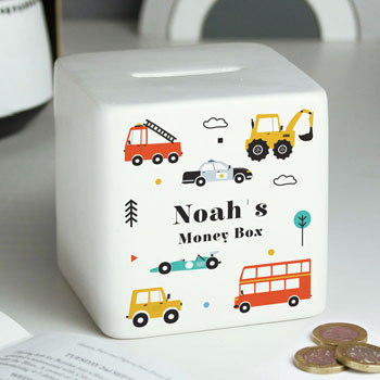 Boy's Personalised Vehicles Ceramic Square Money Box