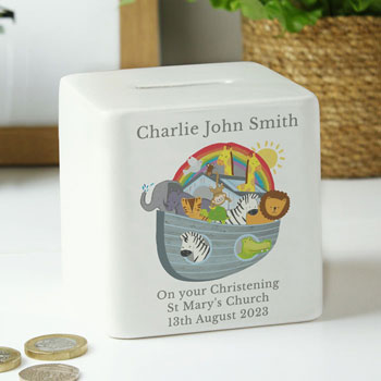 Baby's Personalised Noah's Ark Square China Money Box Cube