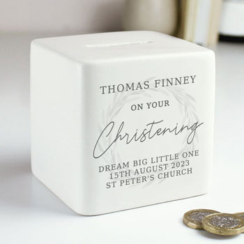 Personalised Christening White Ceramic Square Money Box Cube
