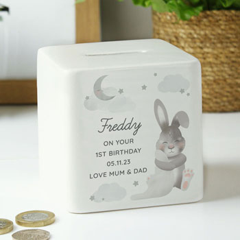 Personalised Baby Bunny Square China Money Box Cube