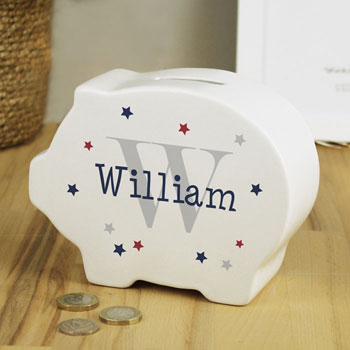 Kid's Personalised Name & Initial White Ceramic Piggy Bank