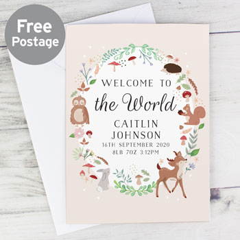 Personalised Woodland Animals New Baby or Christening Card
