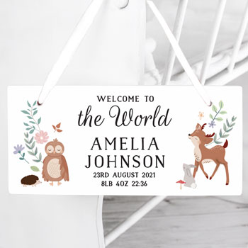 Personalised Woodland Animals Wooden Baby Sign