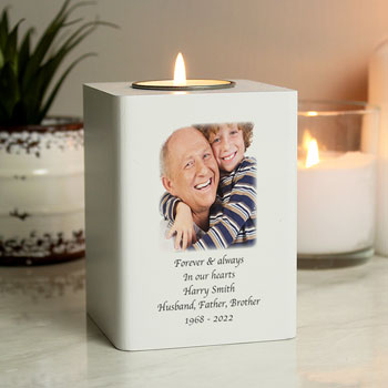Personalised Photo Memorial White Wooden Tealight Holder