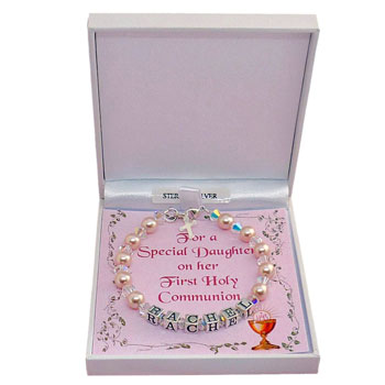 Personalised Silver & Pink Pearls Communion Name Bracelet