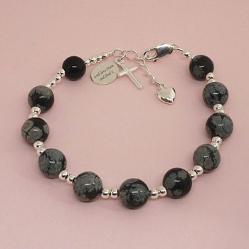 Personalised Black Obsidian Rosary Heart & Cross Bracelet