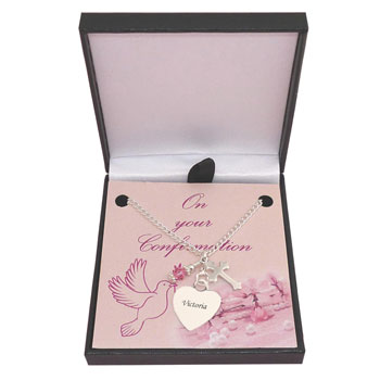 Engraved Confirmation Necklace With Cross & Pink Crystal