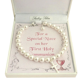 Girls Sterling Silver & Pearls First Holy Communion Bracelet